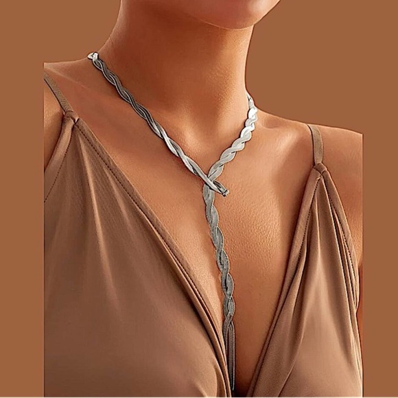 Y Lariat Sterling Silver Twisted Herringbone Statement Necklace Choker - Picture 1 of 5